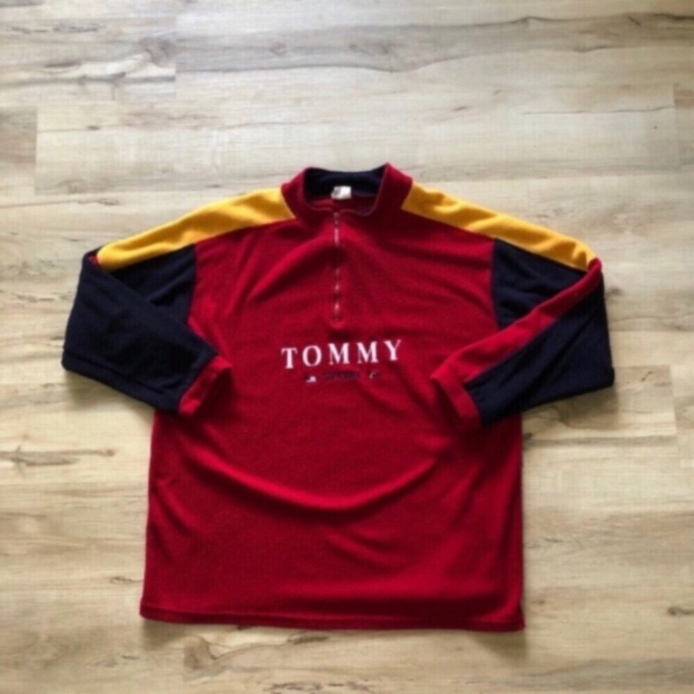 Tommy Hilfiger Red and Yellow Crew Neck Sweater